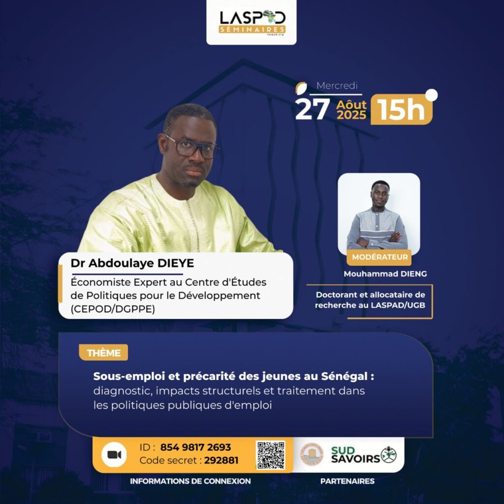 LASPAD seminar poster Underemployment and precariousness in public youth employment policies in Senegal