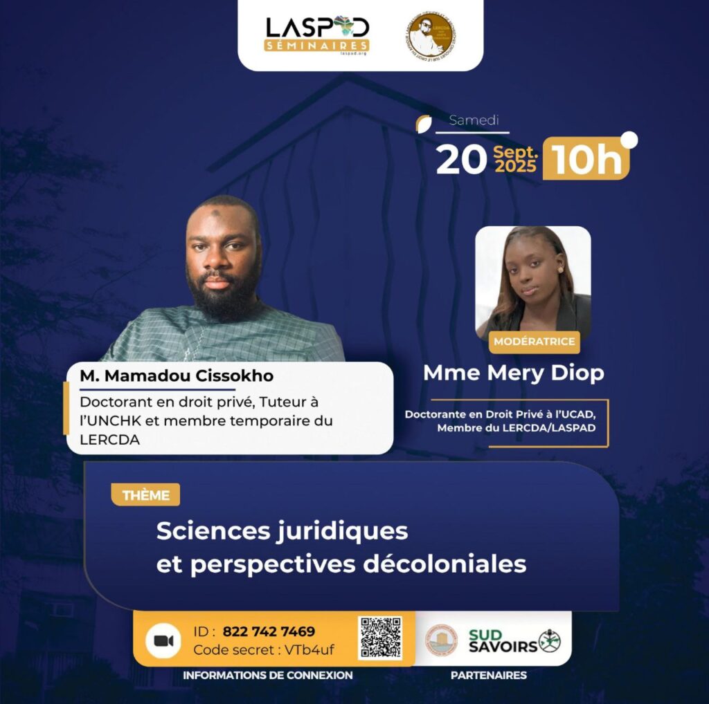 Poster of the online seminar on legal sciences and decolonial perspectives with Mamadou Cissokho and Mery Diop, organized by LASPAD