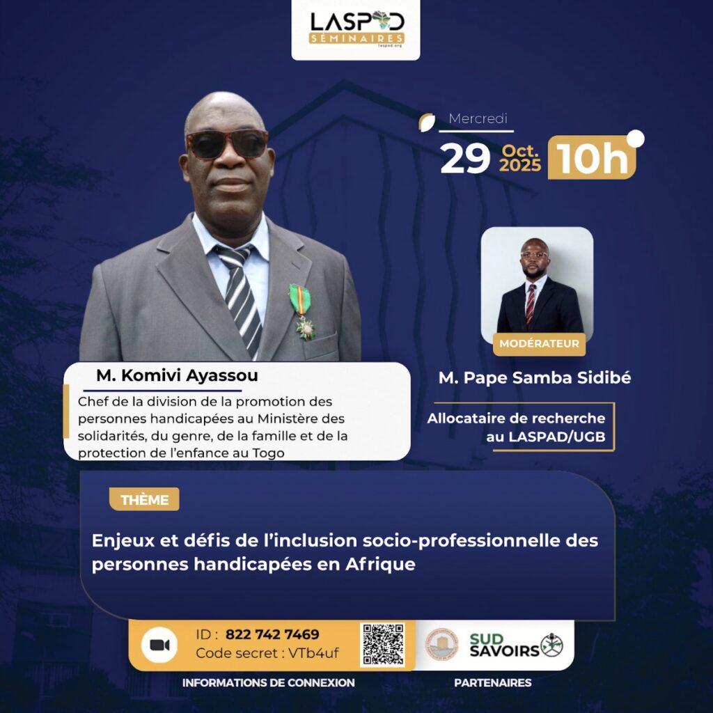 Visuel séminaire Enjeux et défis de l’inclusion socio-professionnelle des personnes handicapées en Afrique
